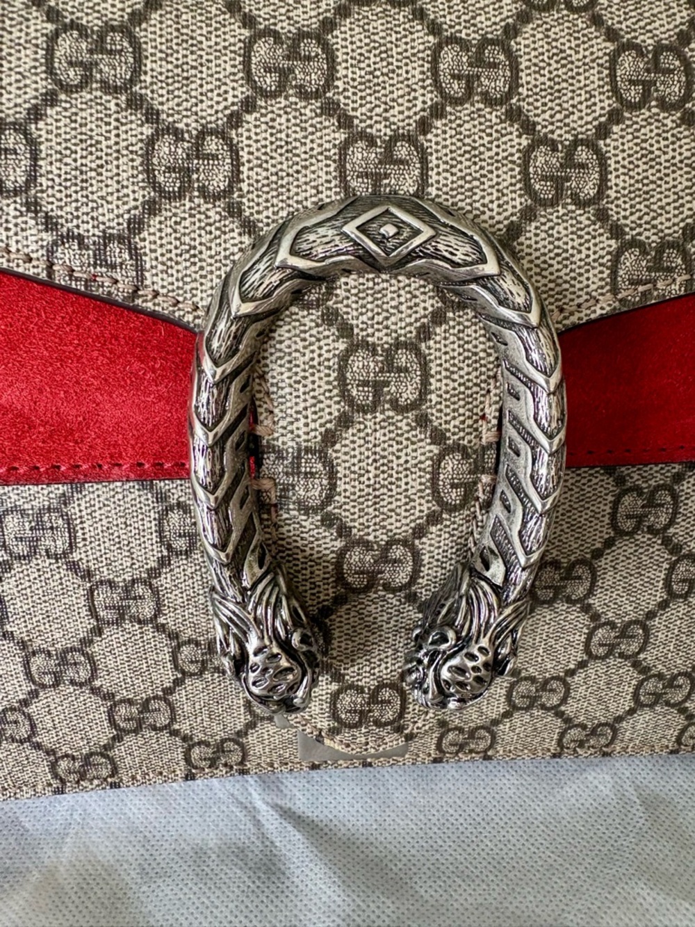 CERTIFIED GUCCI Dionysus Beige GG Supreme Canvas Shoulder Bag Red Suede Stripe ! - Picture 2 of 15